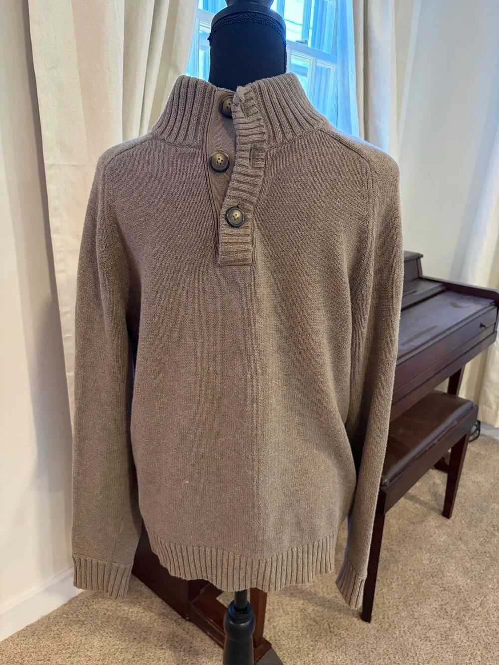 J. Crew Men's 100% Cotton Taupe Zip-Style Button-Neck Sweater